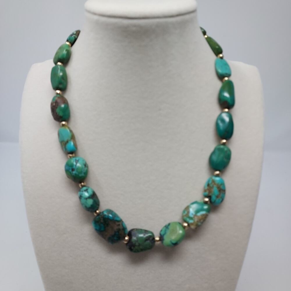 Green Turquoise Necklace Tumbled Nuggets 14mm to 18mm Gold Tone Accents 16"